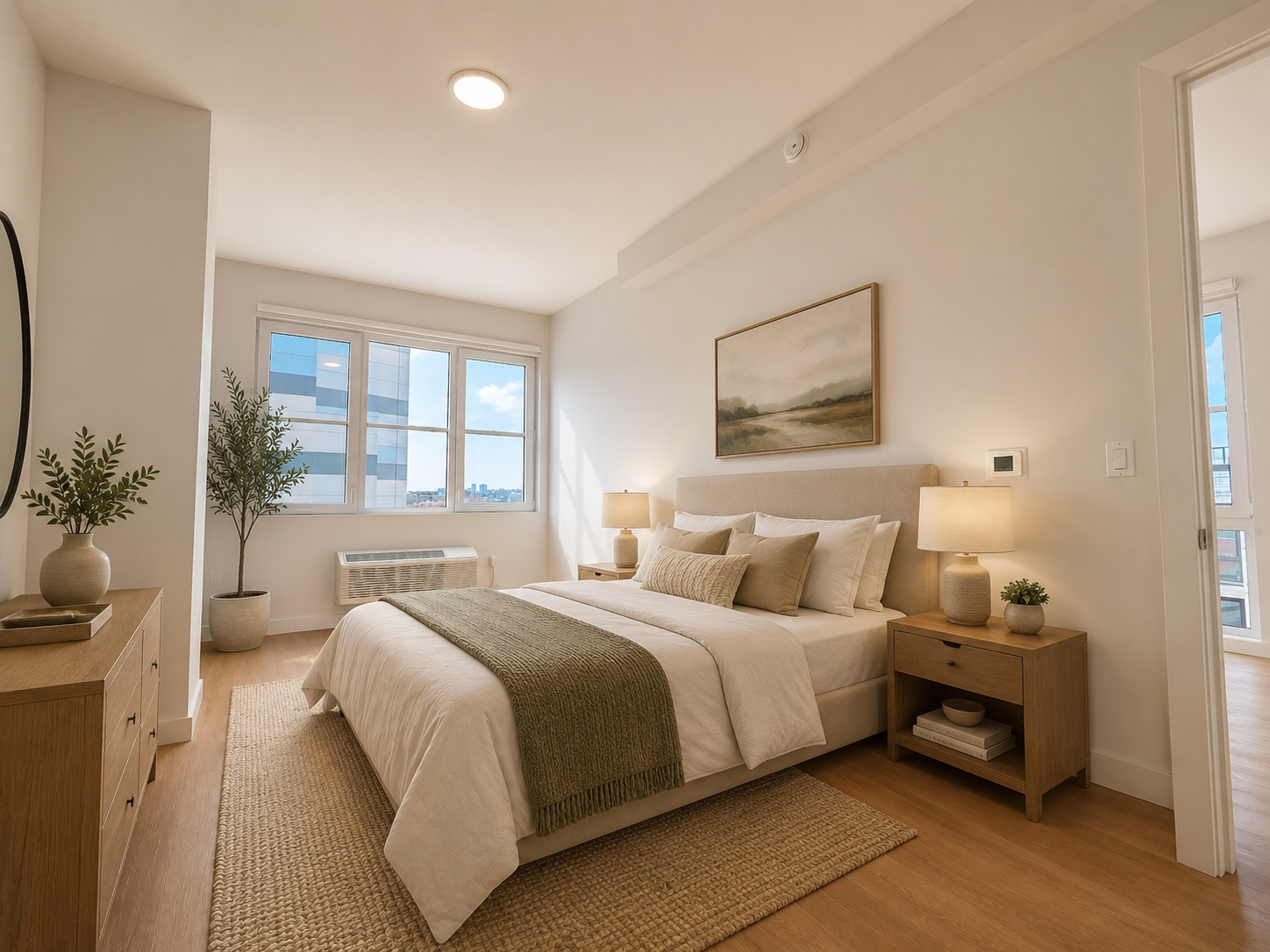 Primary bedroom at Darome with skyline view, layered bedding, and wood accents
