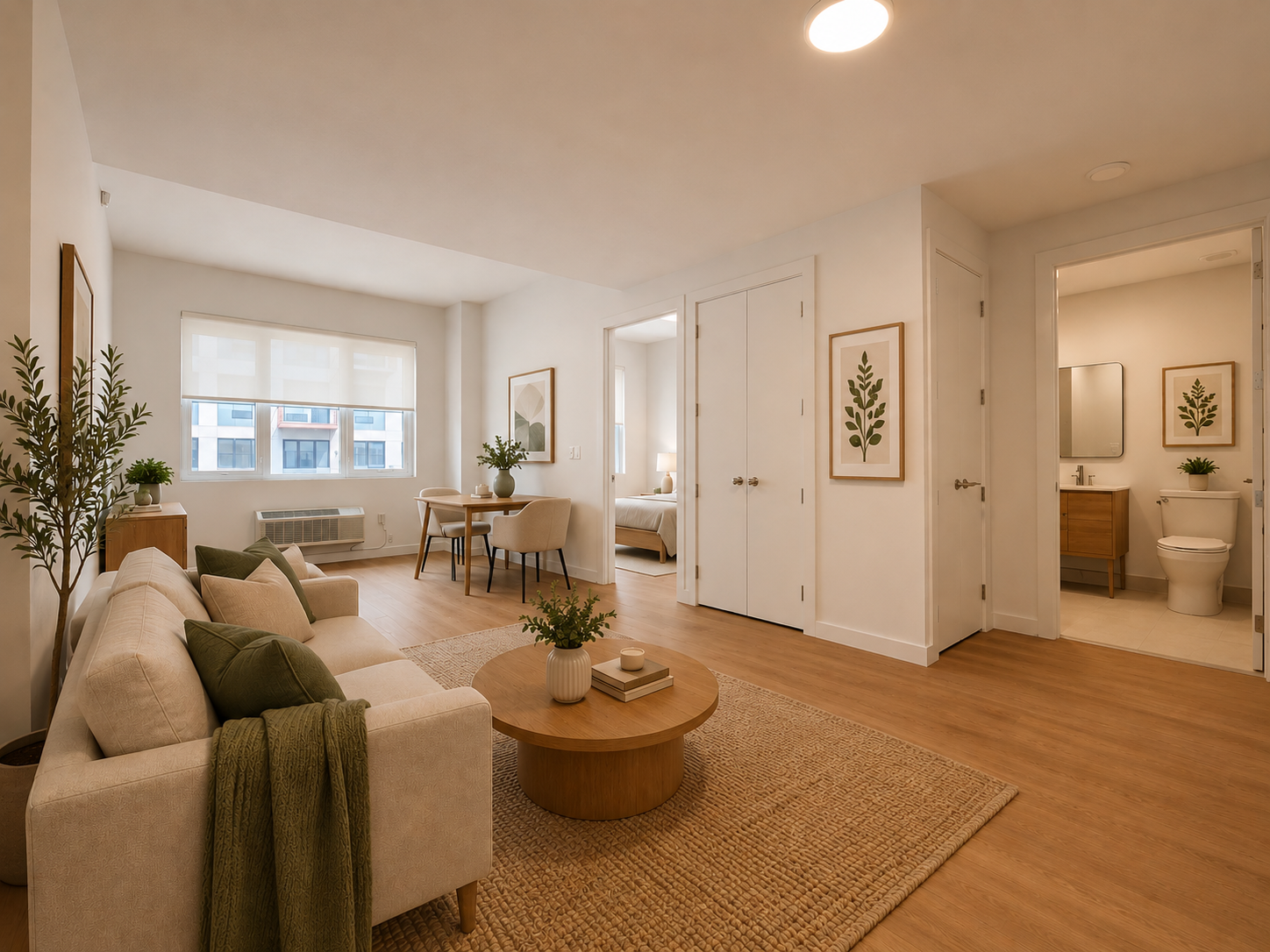 Open-plan studio living area at Darome with dining nook and soft natural finishes