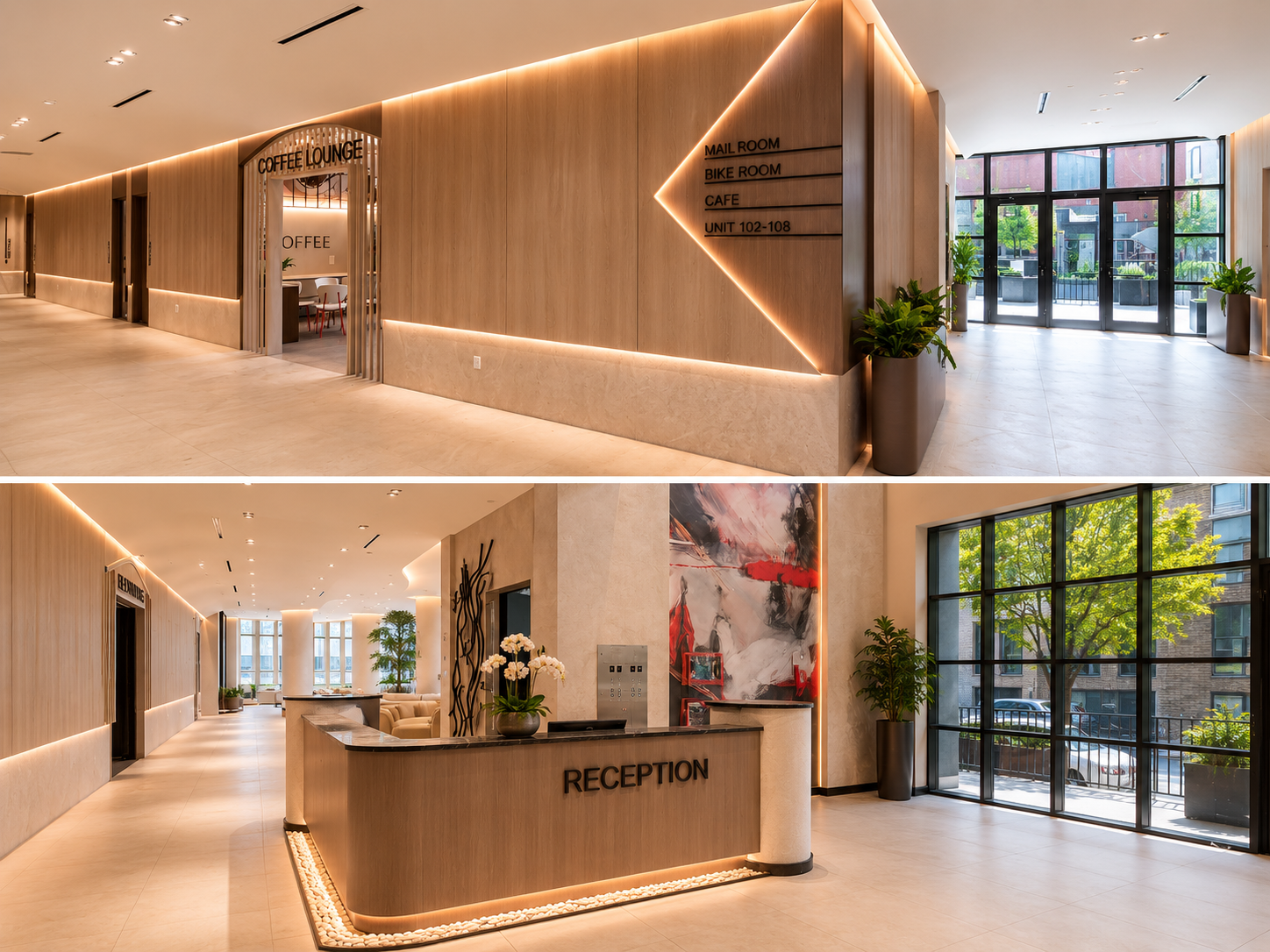 Darome lobby with reception desk, coffee lounge, and mail room